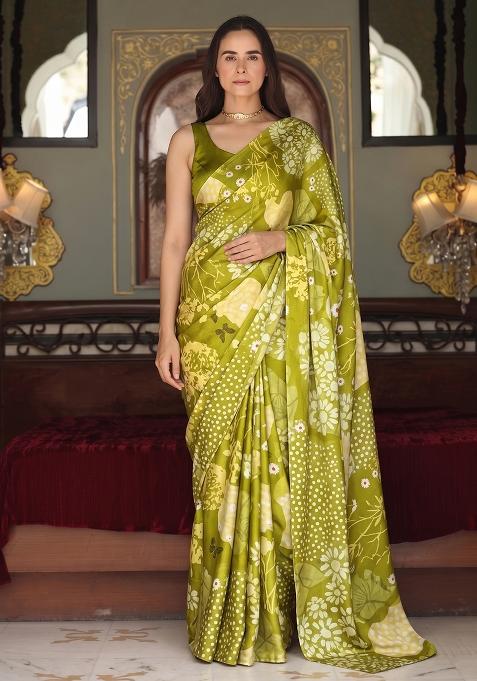 Olive Green Printed Satin Pre Draped Saree Set