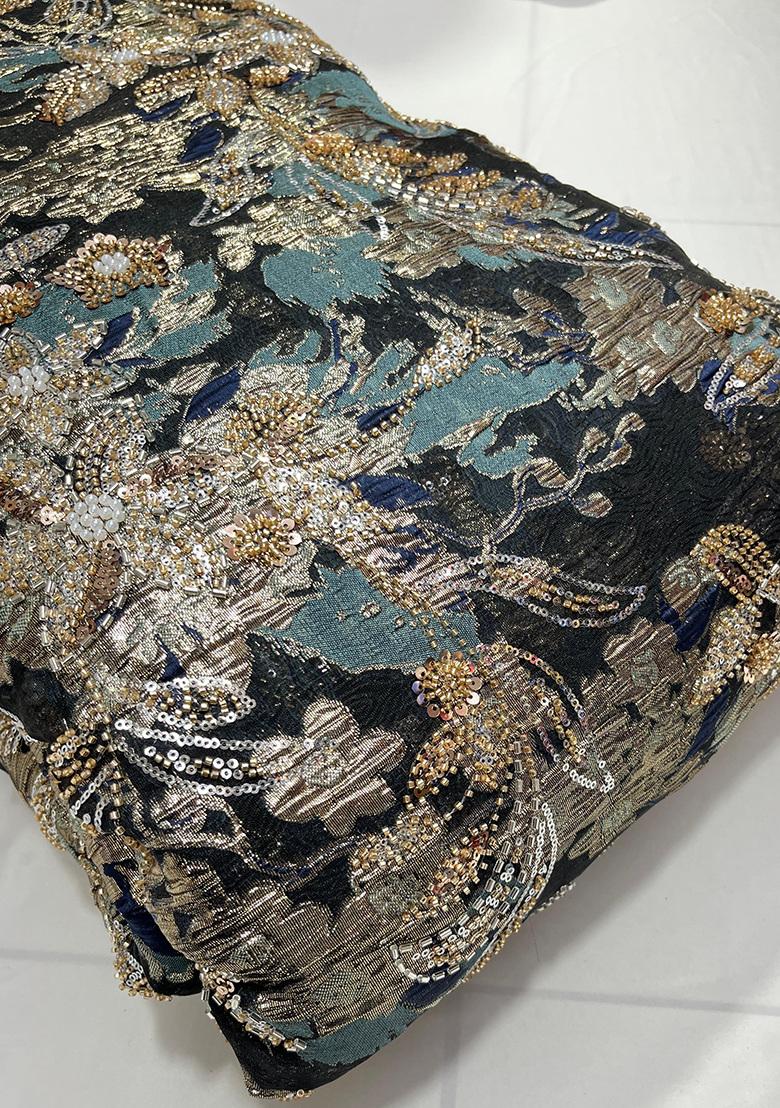 Teal Sequin Brocade Pre Draped Saree Set - Indya