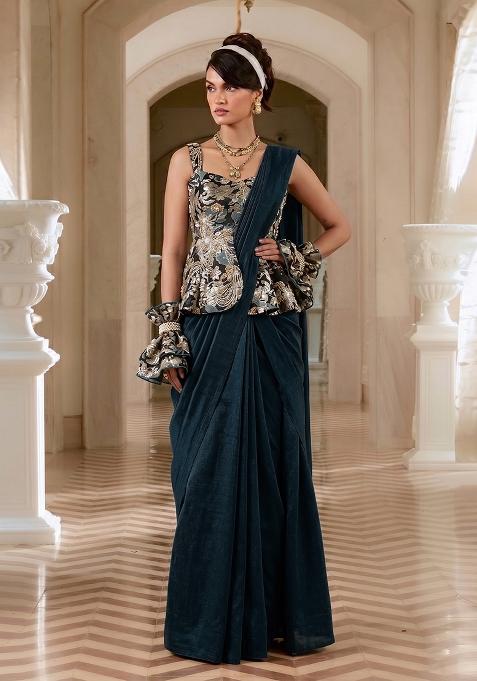 Teal Sequin Brocade Pre Draped Saree Set