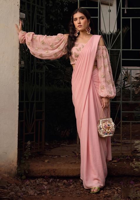 Pastel Pink Embroidered Organza Pre Draped Saree Set
