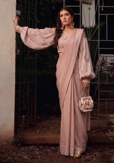 Soft Pink Embroidered Organza Pre Draped Saree Set