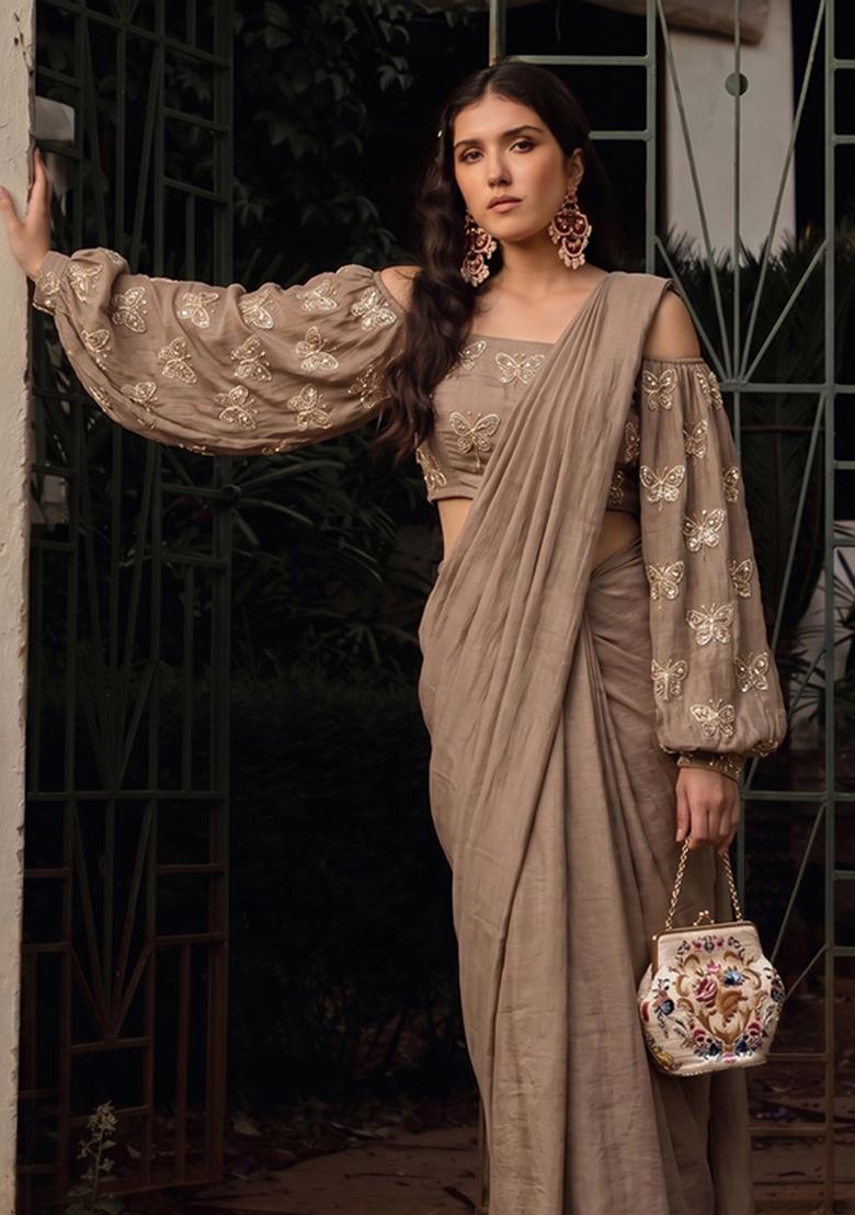Taupe Embroidered Organza Pre Draped Saree Set - Indya