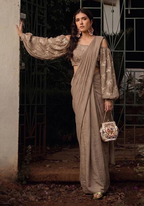 Taupe Embroidered Organza Pre Draped Saree Set