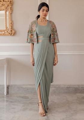 Grey Embroidered Organza Pre Draped Saree Set