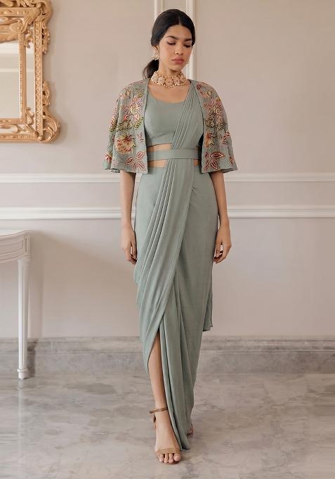 Grey Embroidered Organza Pre Draped Saree Set