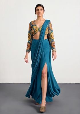 Teal Blue Printed Crepe Pre Draped Saree Set
