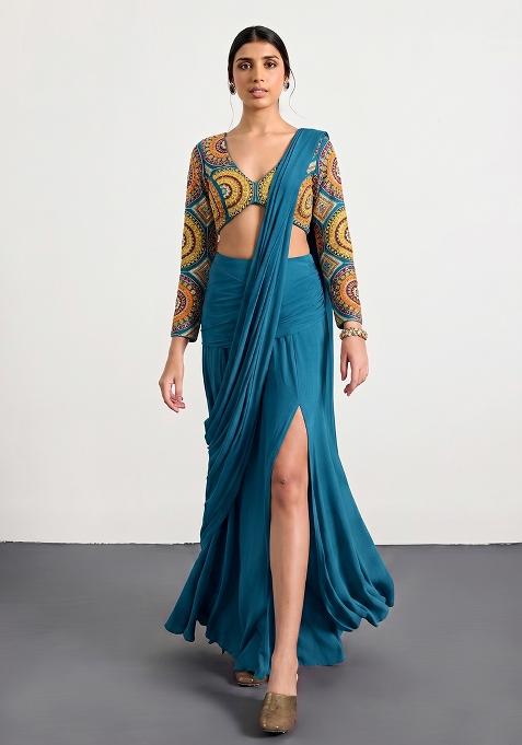 Teal Blue Printed Crepe Pre Draped Saree Set
