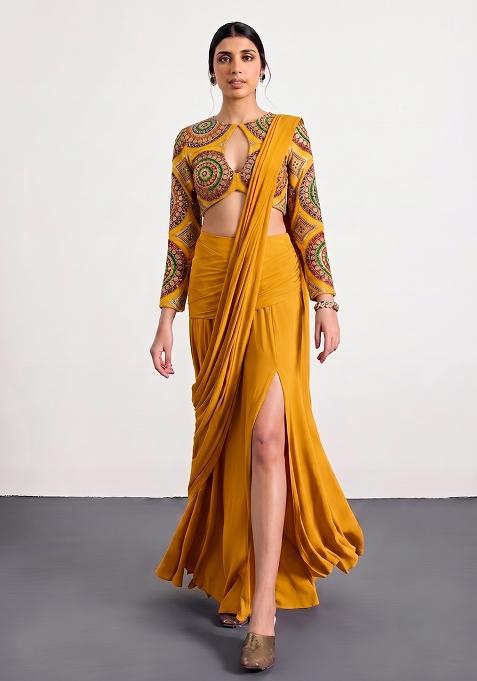 Mustard Printed Crepe Pre Draped Saree Set