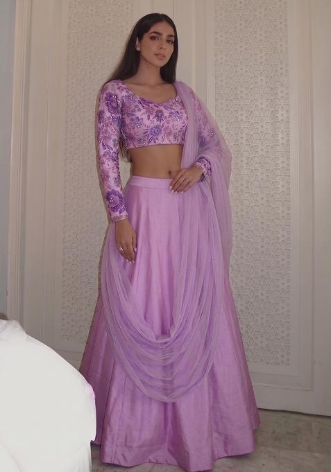 Lavender Printed Silk Lehenga Set