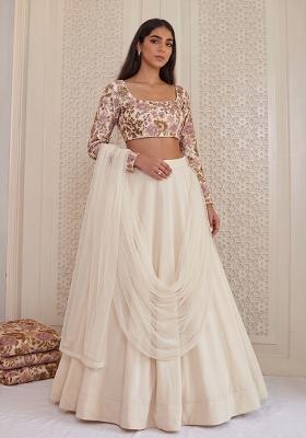 White Printed Silk Blend Lehenga Set