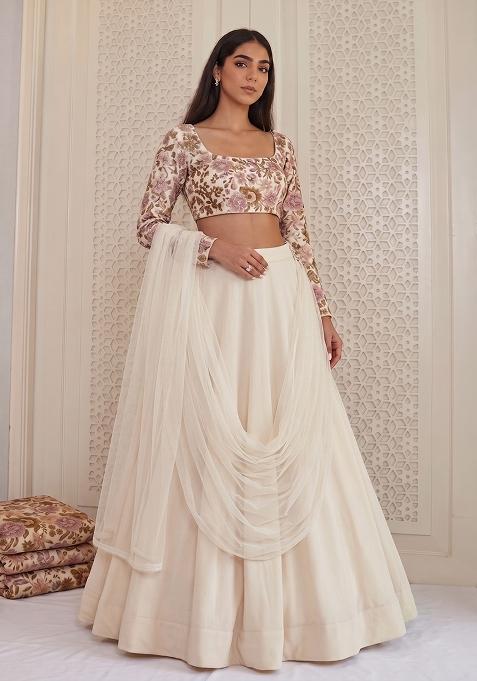 White Printed Silk Lehenga Set