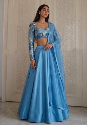Dusty Blue Printed Silk Blend Lehenga Set