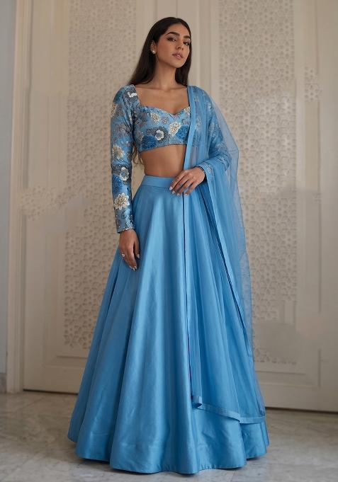 Dusty Blue Printed Silk Lehenga Set
