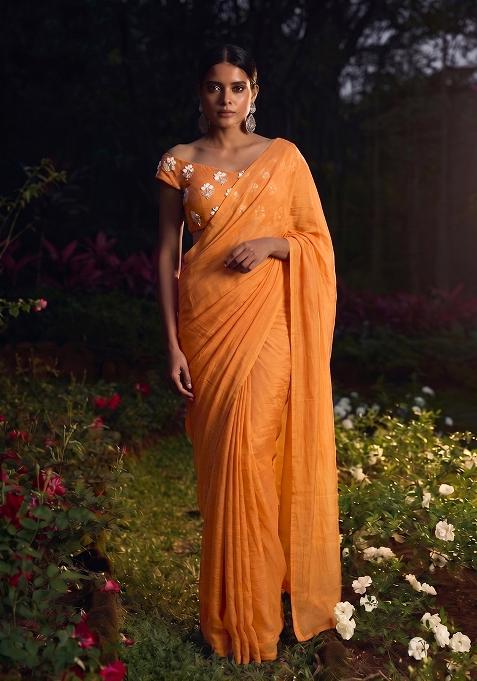 Rust Orange Embroidered Chanderi Pre Draped Saree Set