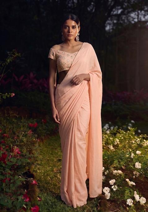 Soft Pink Embroidered Chanderi Pre Draped Saree Set