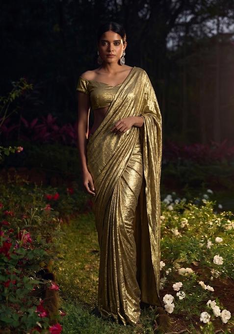 Gold Crinkled Crepe Pre Draped Saree Set