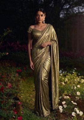Metallic Gold Embroidered Crepe Pre Draped Saree Set