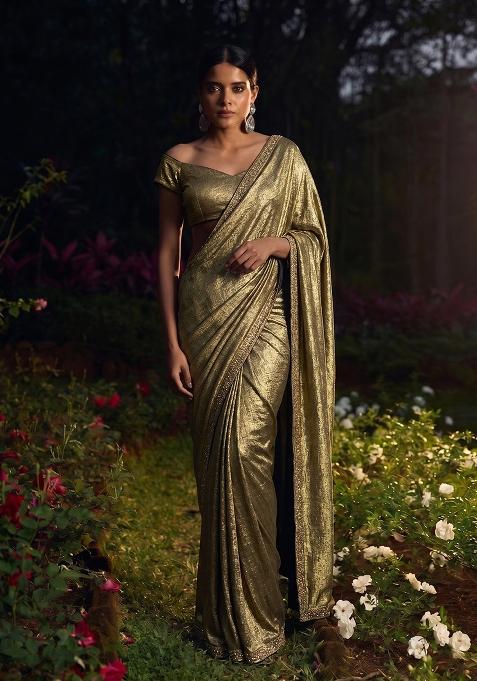 Metallic Gold Embroidered Crepe Pre Draped Saree Set