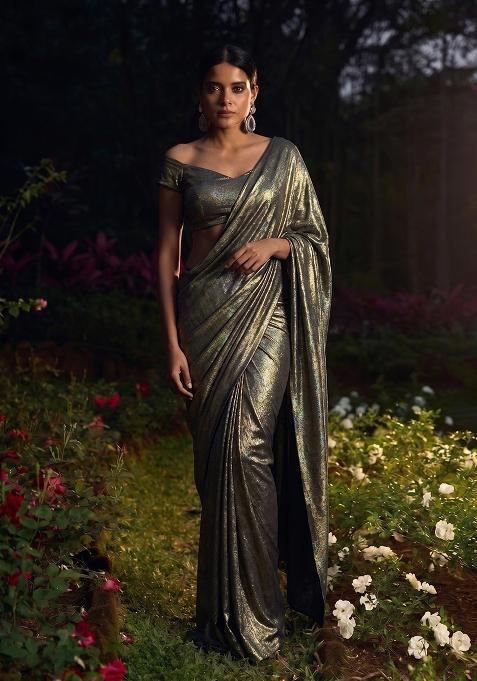 Metallic Grey Shimmer Crepe Pre Draped Saree Set