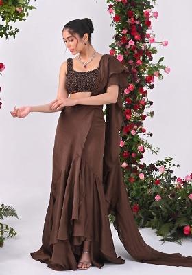 Chocolate Brown Sequin Net Pre Draped Saree Set