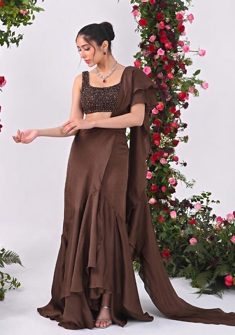 Chocolate Brown Sequin Net Pre Draped Saree Set