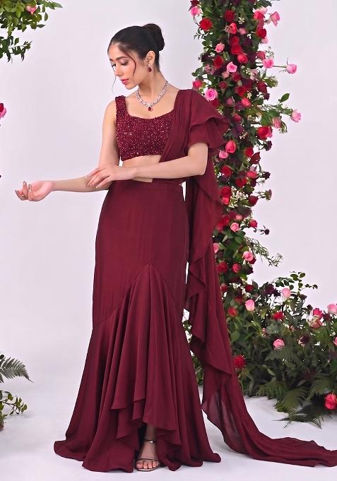 Maroon Sequin Net Pre Draped Saree Set