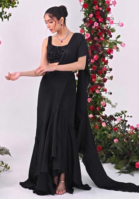 Jet Black Sequin Net Pre Draped Saree Set