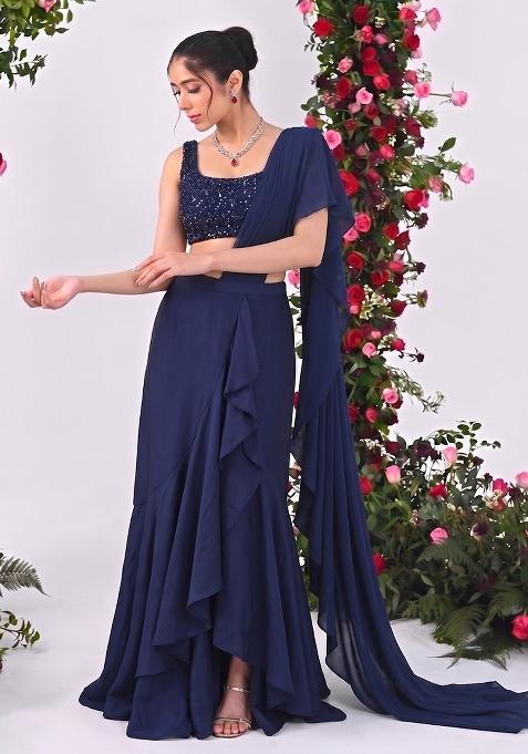 Navy Blue Sequin Net Pre Draped Saree Set
