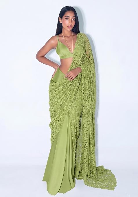 Lime Green Lace Work Chanderi Pre Draped Saree Set