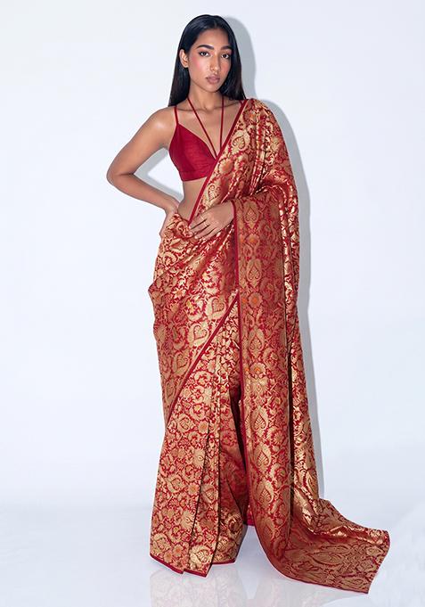 Red Zari Brocade Pre Draped Saree Set