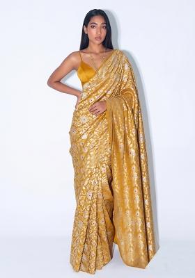 Mustard Yellow Zari Brocade Pre Draped Saree Set