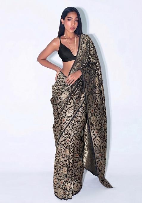 Jet Black Zari Brocade Pre Draped Saree Set