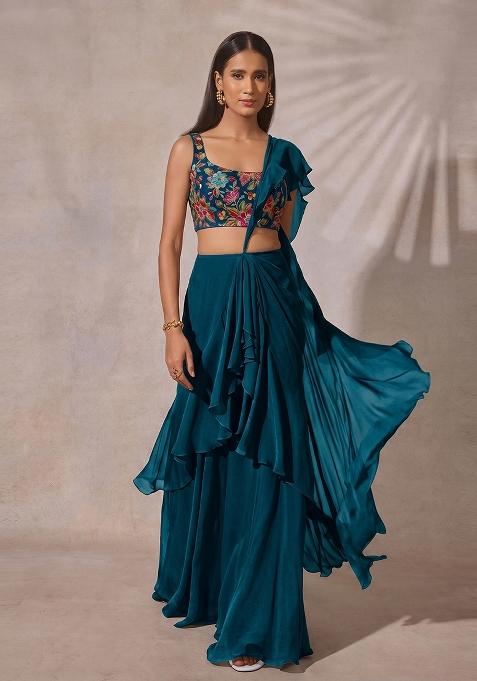 Teal Blue Printed Crepe Pre Draped Saree Set