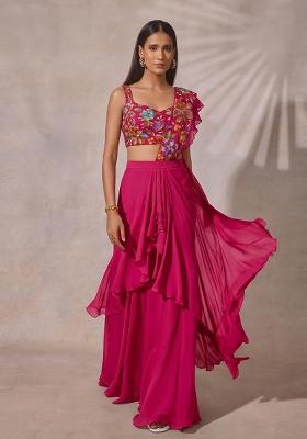 Fuchsia Pink Printed Crepe Pre Draped Saree Set