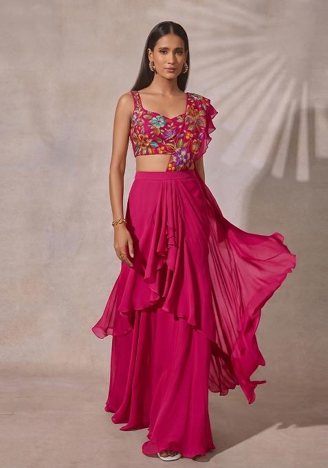 Fuchsia Pink Printed Crepe Pre Draped Saree Set