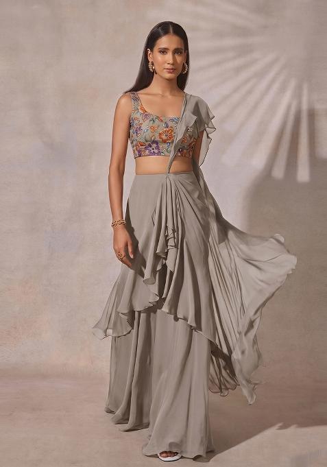 Grey Printed Crepe Pre Draped Saree Set