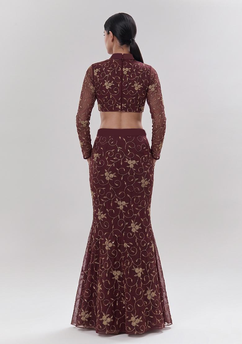 Deep Brown Embroidered Lehenga Set - Indya