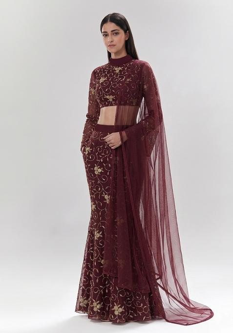 Deep Brown Embroidered Lehenga Set