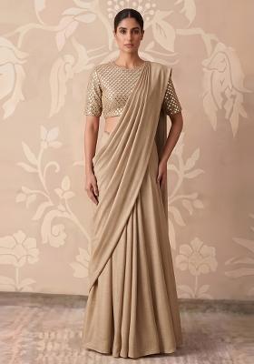 Beige Gold Mirror Work Pre Draped Saree Set