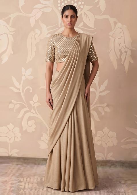 Beige Gold Mirror Work Pre Draped Saree Set