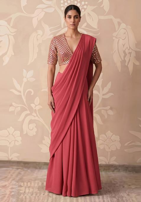 Pink Mirror Work Pre Draped Saree Set