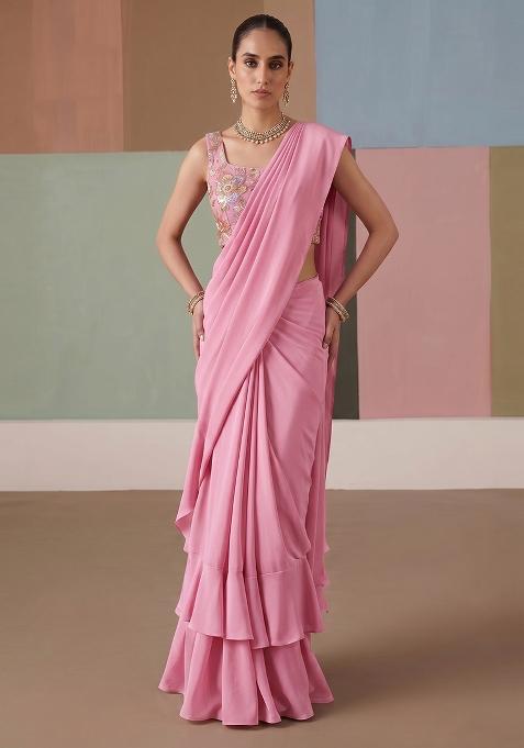 Pastel Pink Printed Organza Pre Draped Saree Set