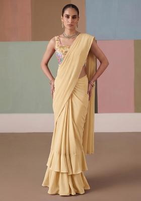 Beige Printed Organza Pre Draped Saree Set