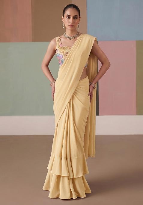 Beige Printed Organza Pre Draped Saree Set