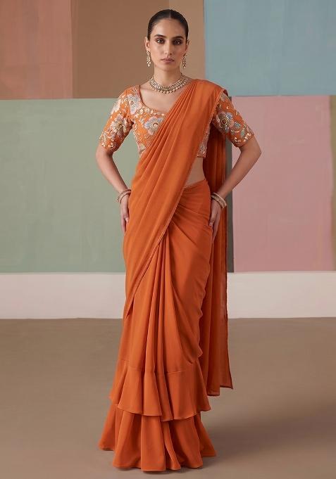 Rust Orange Printed Organza Pre Draped Saree Set