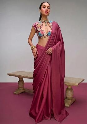 Deep Red Printed Crepe Pre Draped Saree Set