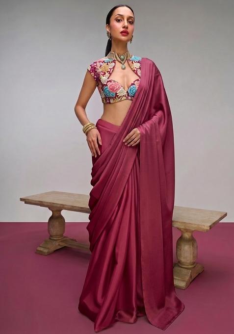 Deep Red Printed Crepe Pre Draped Saree Set