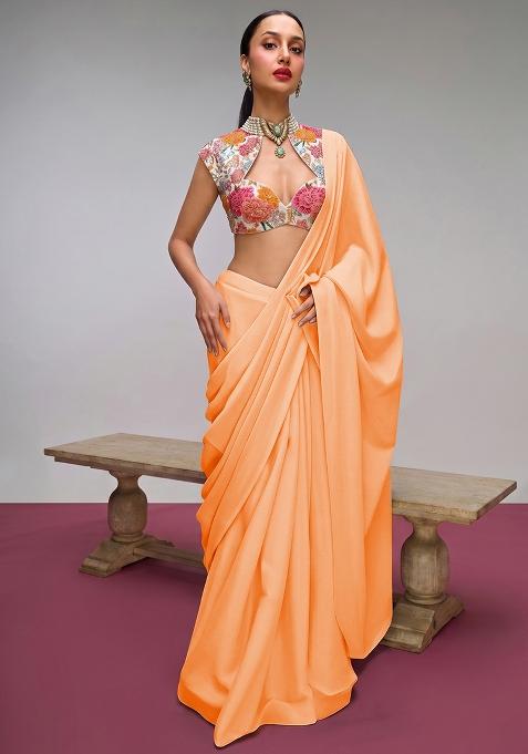 Coral Printed Crepe Pre Draped Saree Set