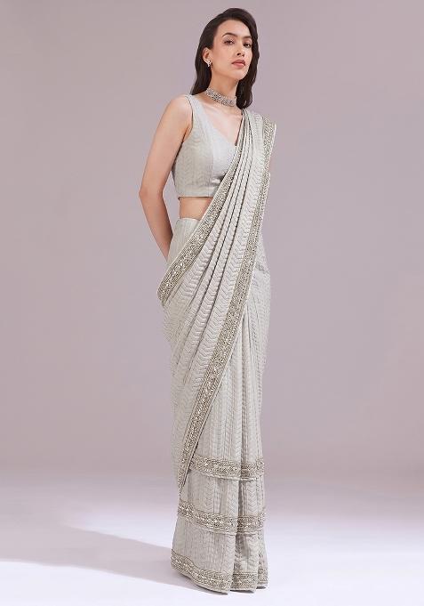Off White Embroidered Georgette Pre Draped Saree Set