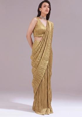 Metallic Gold Solid Georgette Pre Draped Saree Set